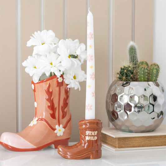 Brown Cowboy Boot Candle Holder with Taper Candle, alternate view