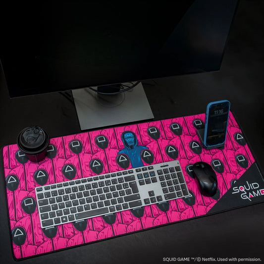 Squid Game Front Man and Guards Pink Desk Mat, alternate view