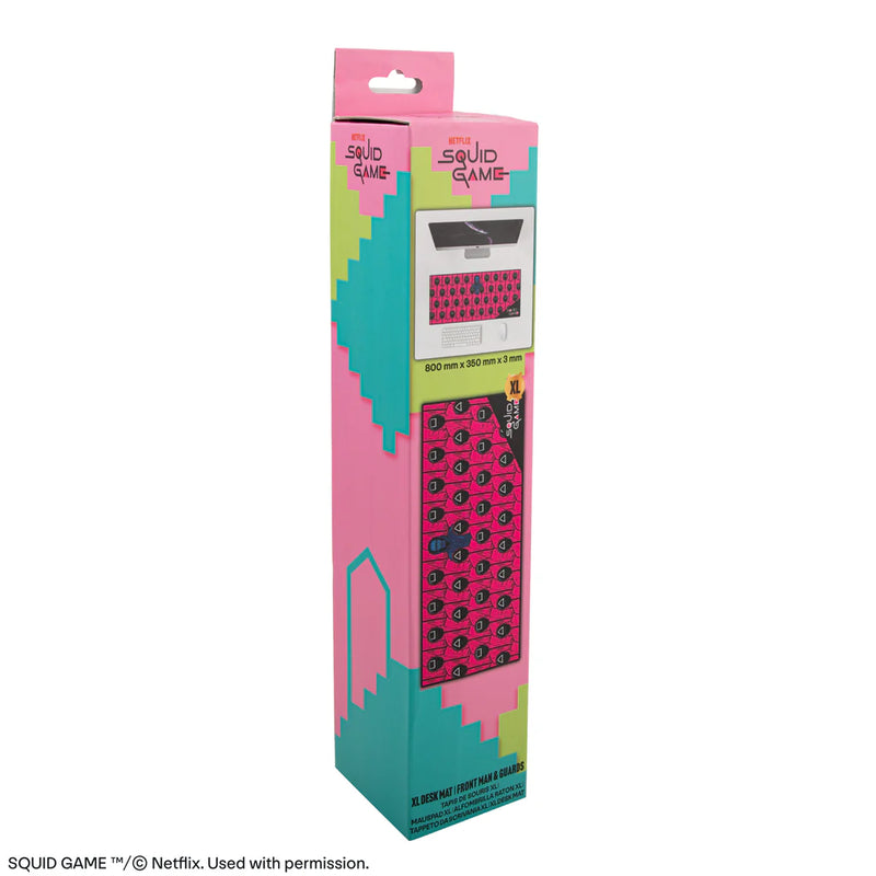 Squid Game Front Man and Guards Pink Desk Mat, packaging shot