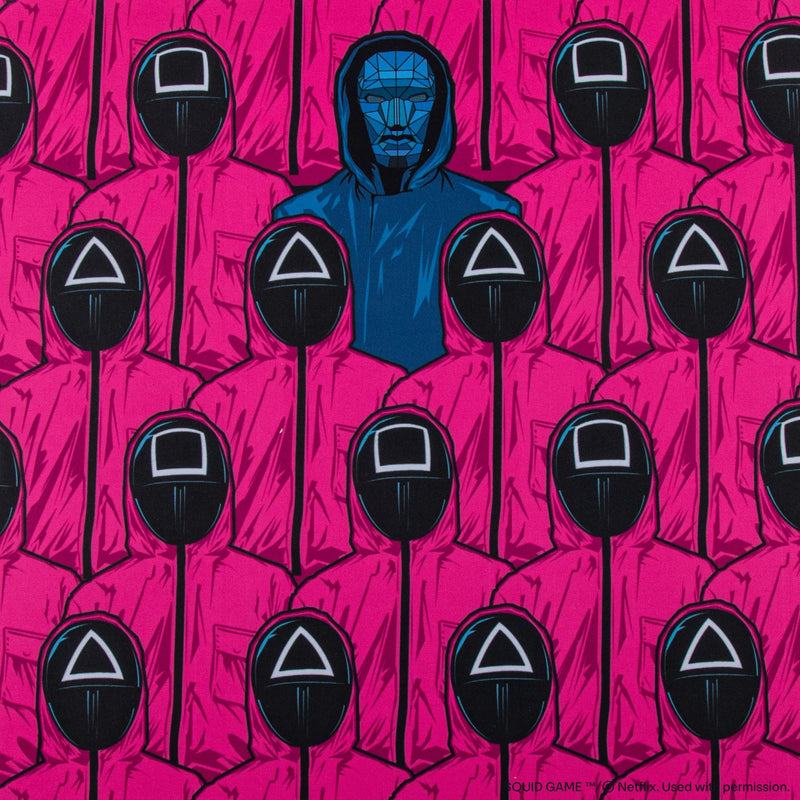 Squid Game Front Man and Guards Pink Desk Mat, close-up detail