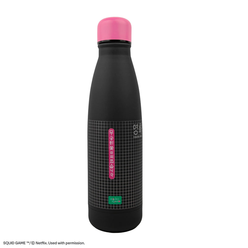 Squid Game Young-Hee Blueprint Black Water Bottle, close-up detail
