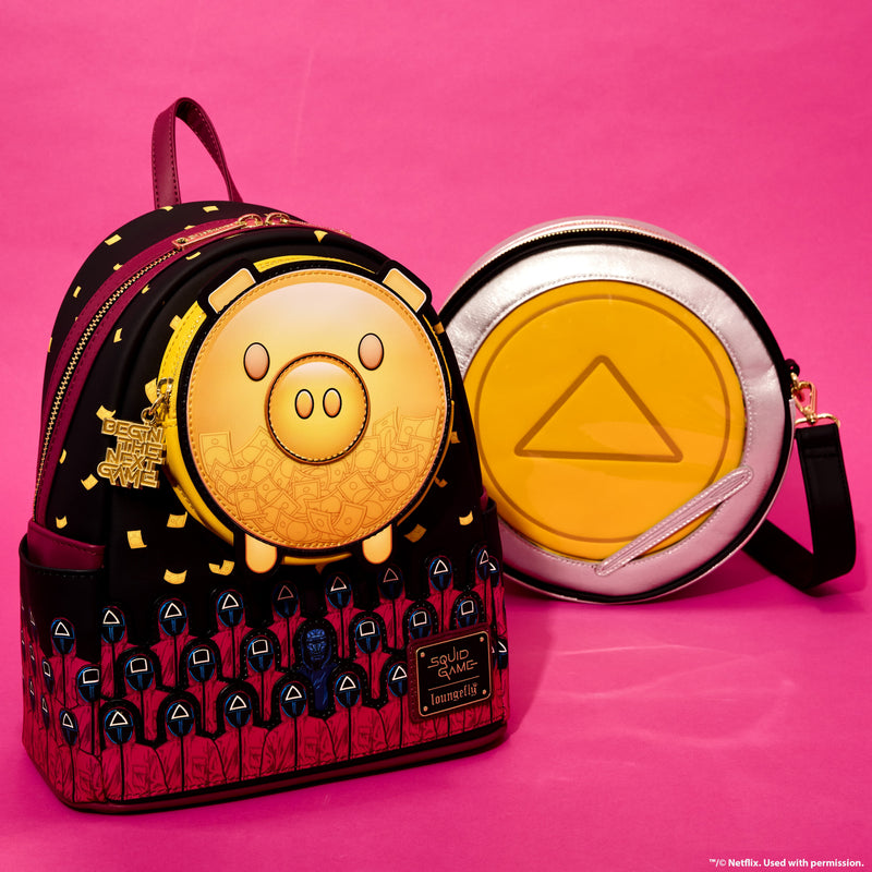 Loungefly - Squid Game Piggy Bank Masked Men Glow Mini Backpack side angle