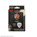 Stranger Things Eddie Munson Hellfire Club Guitar Pick Necklace, in display