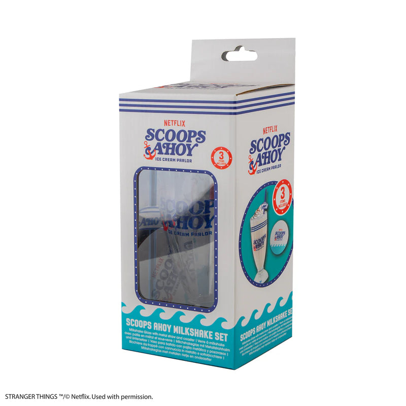 Stranger Things Scoops Ahoy Milkshake Glass Set, packaging shot