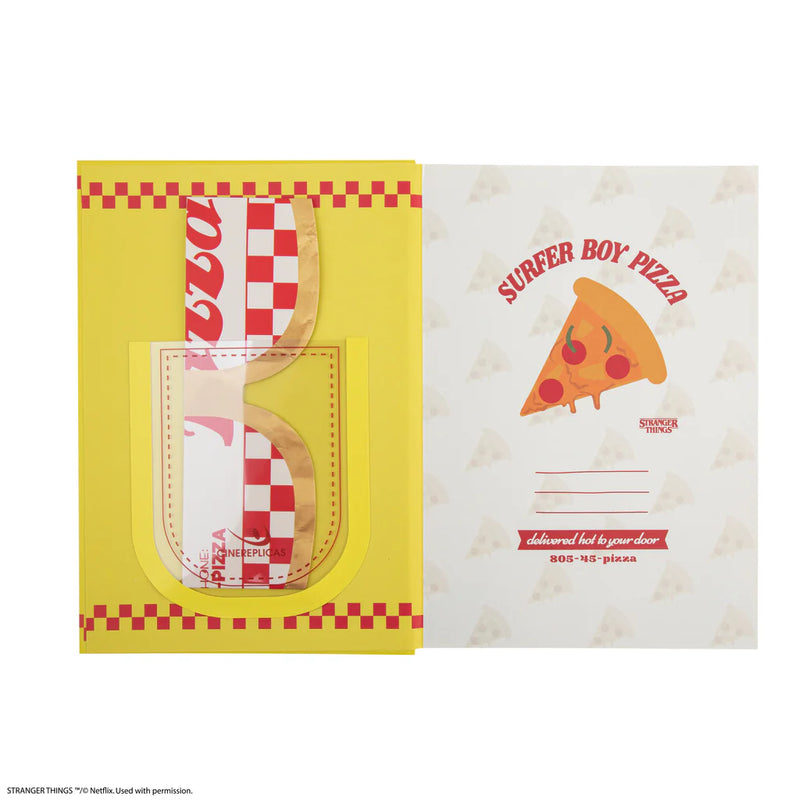 Stranger Things Surfer Boy Pizza Hardcover Notebook, rear view