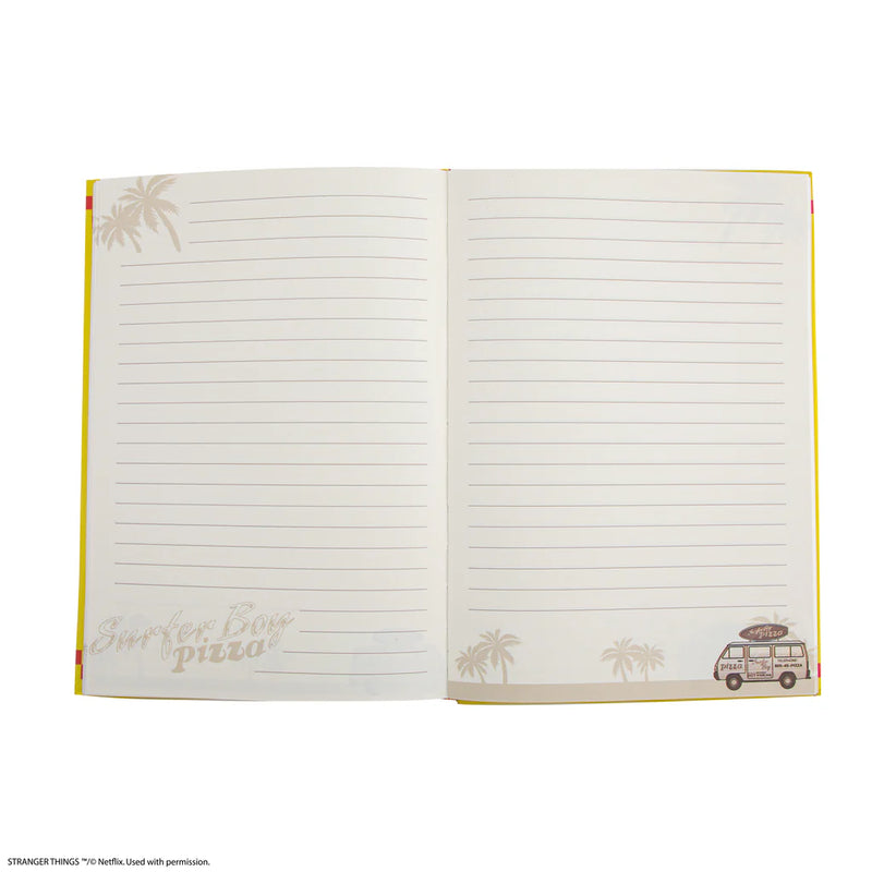 Stranger Things Surfer Boy Pizza Hardcover Notebook, in display