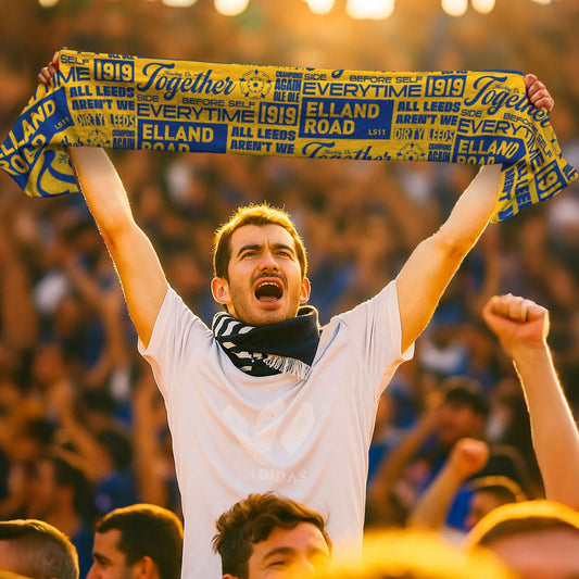 Leeds Words Montage - Soft Fleece football scarf collectible from https://britishmade.gifts/