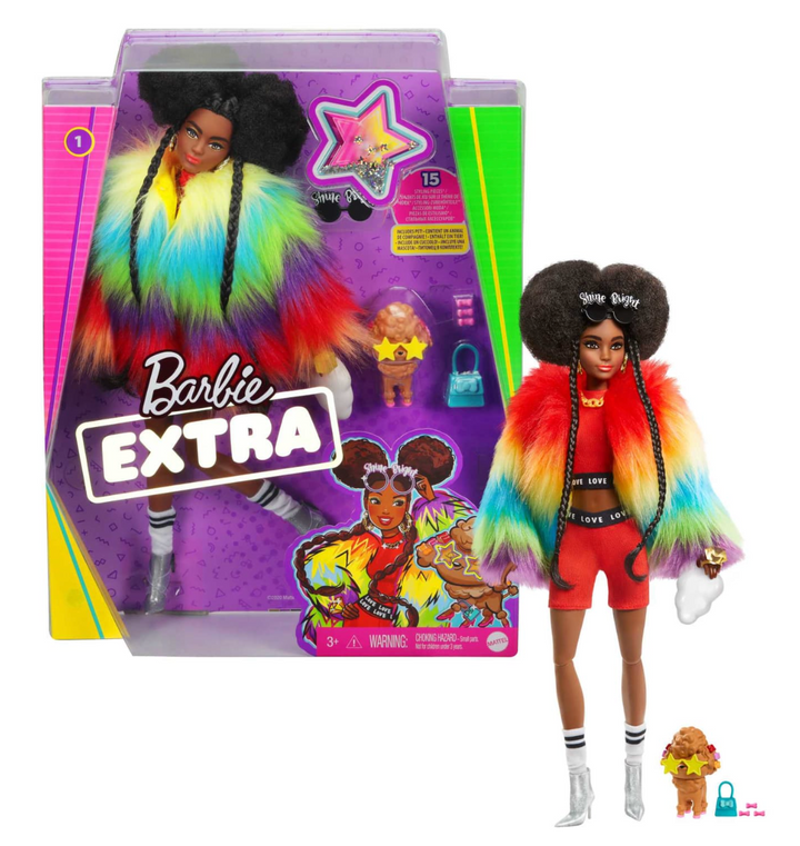 Barbie Extra Doll in Rainbow Coat with Pet Dog