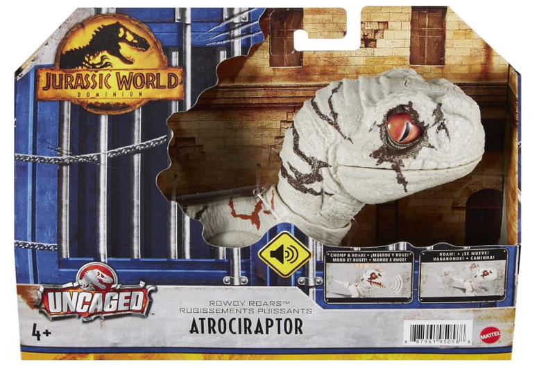 Jurassic World Dominion Uncaged Rowdy Roars Atrociraptor, packaging shot