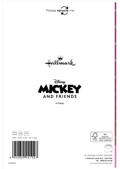 Disney Mickey Mouse "A Little Birthday Wish For You" Birthday Card