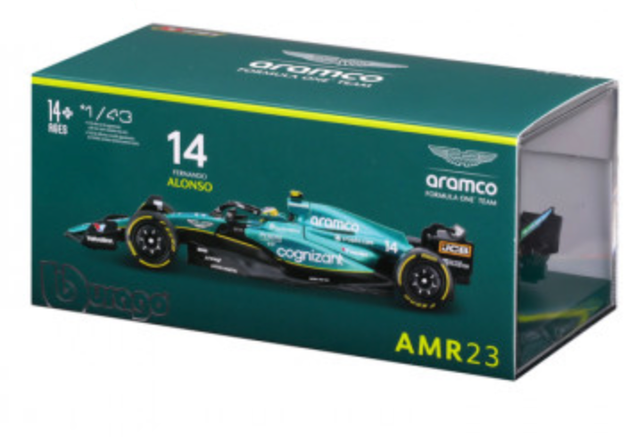 Formula 1 Aston Martin AMR23 Fernando Alonso Official Diecast 1:43 Scale Model with Mini Helmet F1 Replica