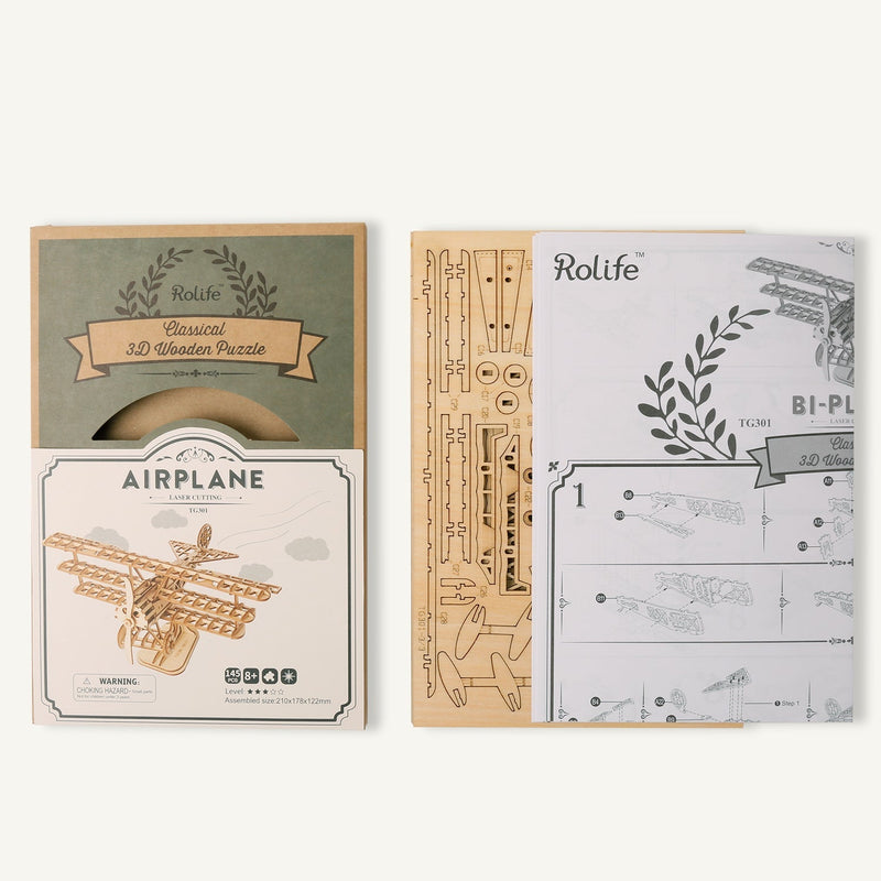 Airplane Bi-Plane TG301 3D Wooden Puzzle, rear view