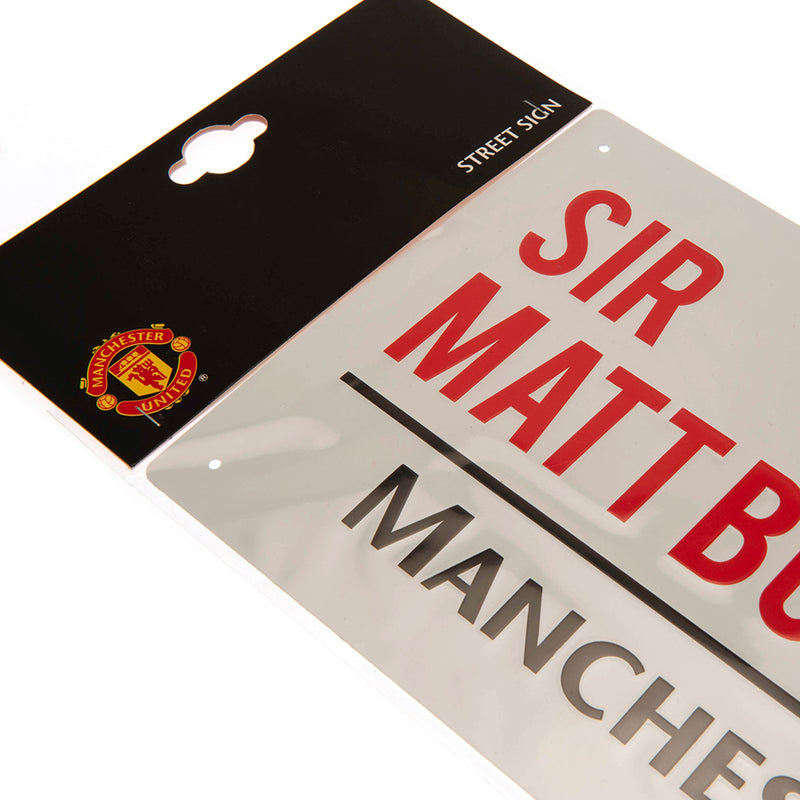 Manchester United FC Sir Matt Busby Way Street Sign, close-up detail
