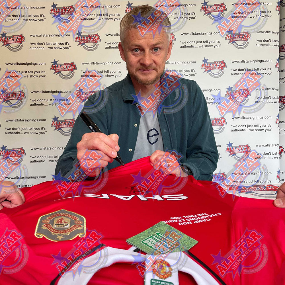 Manchester United FC 1999 Ole Gunnar Solskjaer and Teddy Sheringham Signed Shirt & Medal (Framed)