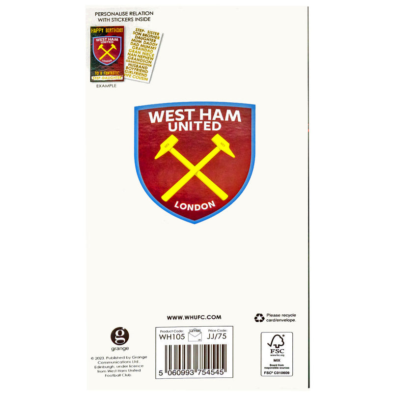West Ham United FC Personalised Birthday Card, rear view