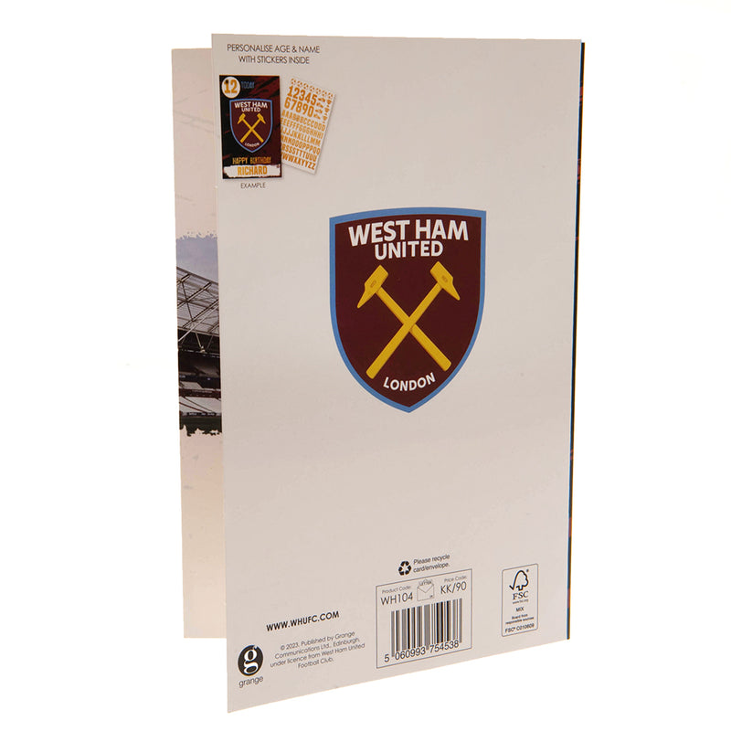 West Ham United FC Birthday Card With Stickers, rear view
