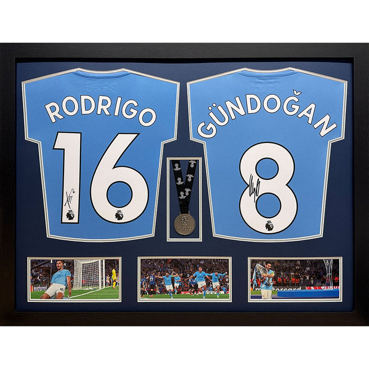 Rodri & Gundogan Manchester City FC Signed Shirts & Medal (Dual Framed)