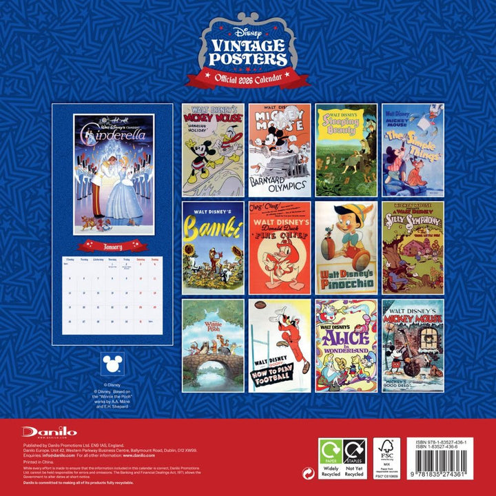 Disney Vintage Posters Square 2026 Calendar