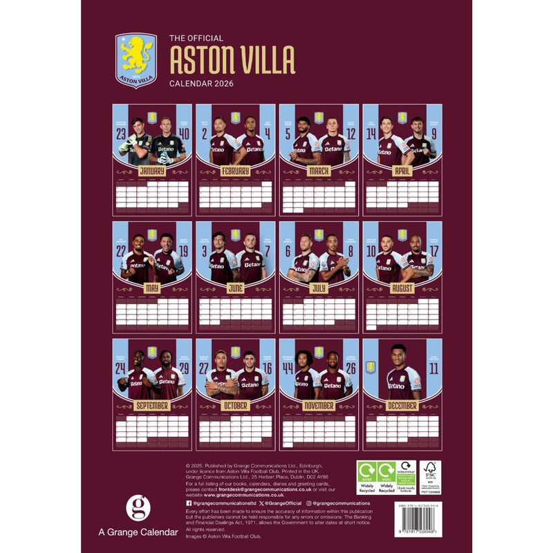 Aston Villa FC A3 2026 Calendar, close-up detail