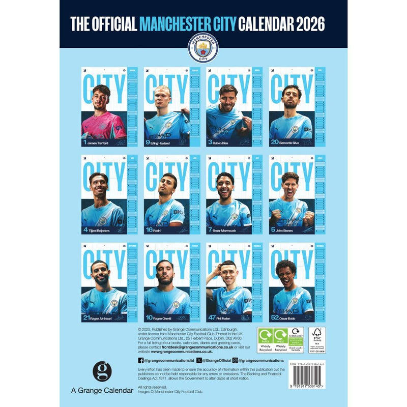Manchester City FC A3 Calendar 2026, close-up detail