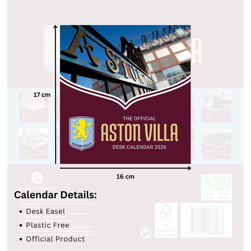 Aston Villa FC Desktop Calendar 2026, rear view