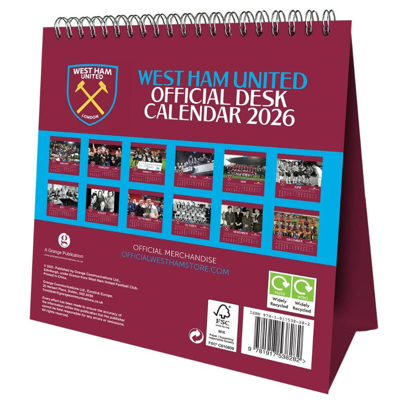 West Ham United FC Desktop Calendar 2026, side angle