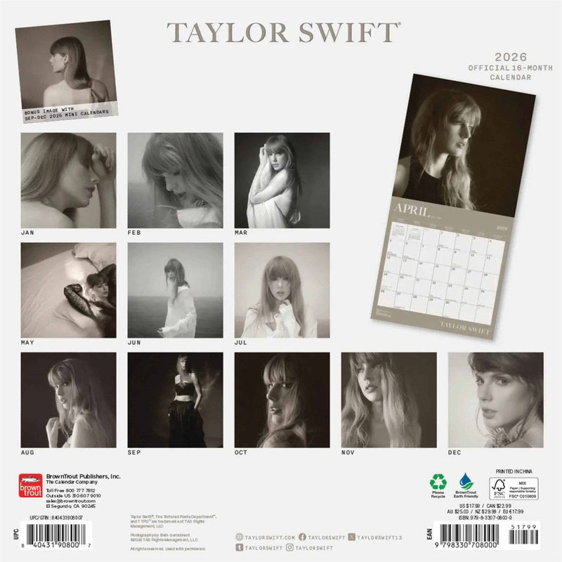 Taylor Swift Square 2026 Calendar, rear view