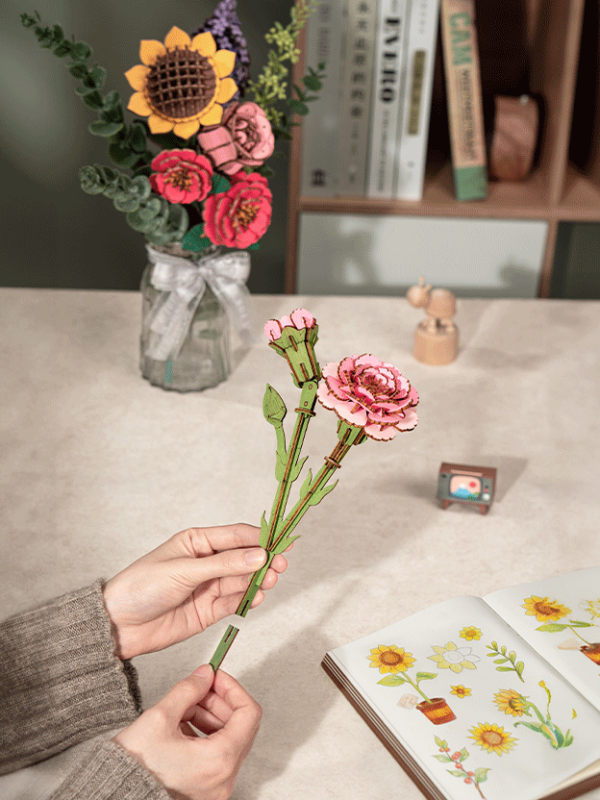 Pink Carnation 3D Wooden Puzzle, rear view