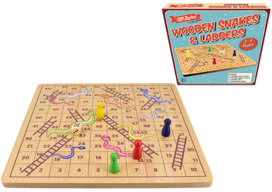 Retro wooden Snakes and Ladders board game with classic painted design
