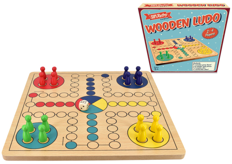 Retro wooden Ludo board game set in colour display box