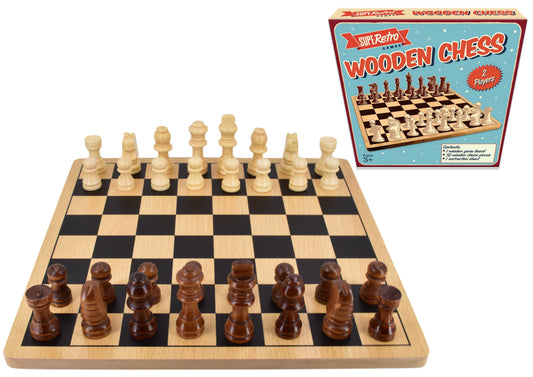 Retro wooden board chess set in colour display box