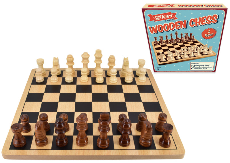 Retro wooden board chess set in colour display box