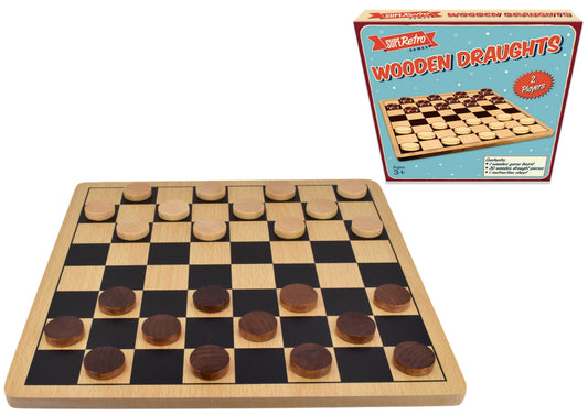 Retro wooden draughts board game in colour display box
