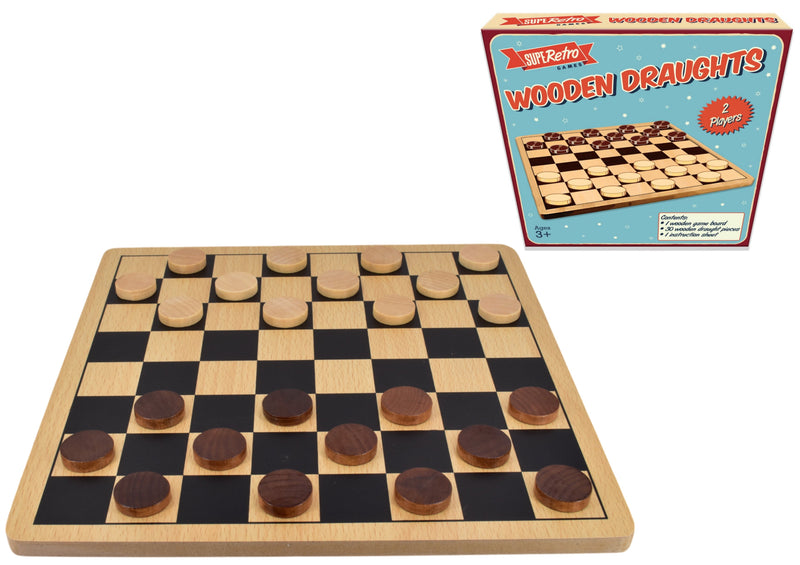 Retro wooden draughts board game in colour display box