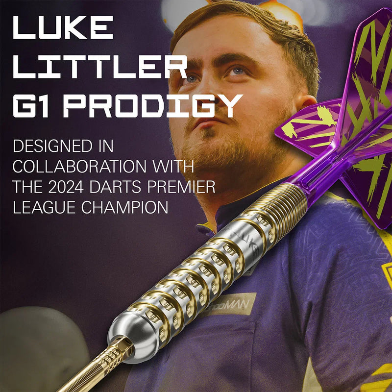 Luke The Nuke Littler G1 Prodigy Steel Tip Darts, packaging shot