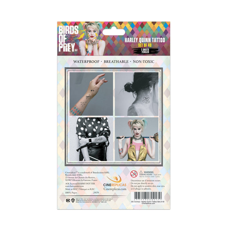 Set of 40 Harley Quinn Temporary Tattoos, in display