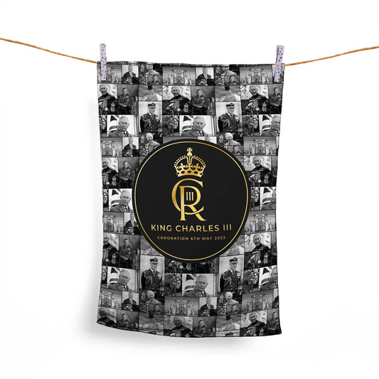 King Charles Coronation - B&W Collage - Lightweight, Microfibre Tea Towel collectible from https://britishmade.gifts/