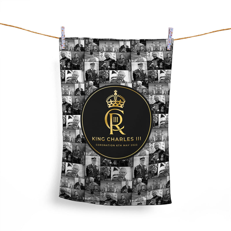 King Charles Coronation - B&W Collage - Lightweight, Microfibre Tea Towel collectible from https://britishmade.gifts/