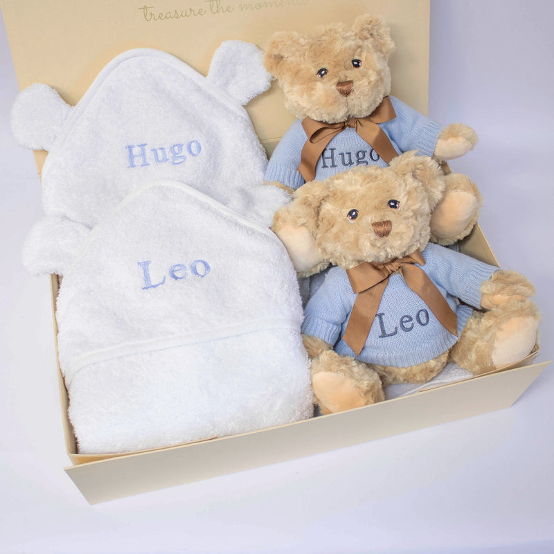 TWIN BOYS TEDDY AND TOWEL GIFT SET collectible from The Baby Gifting Company