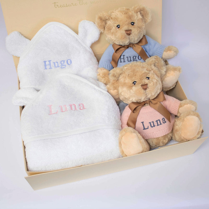 TWINS TEDDY AND TOWEL GIFT SET collectible from The Baby Gifting Company