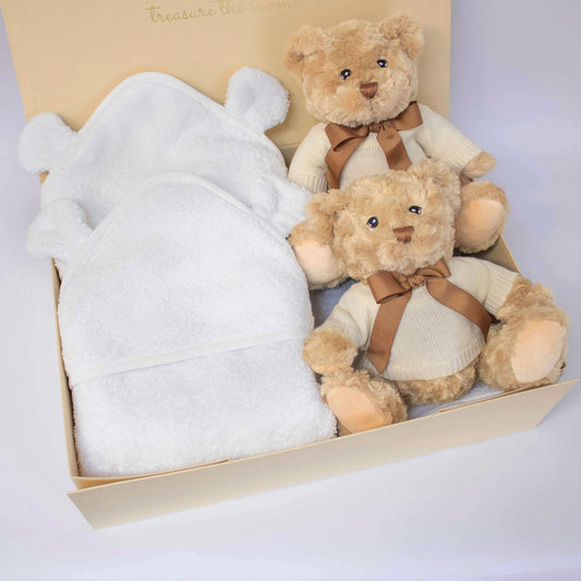 TWIN NEUTRAL TEDDY AND TOWEL HAMPER