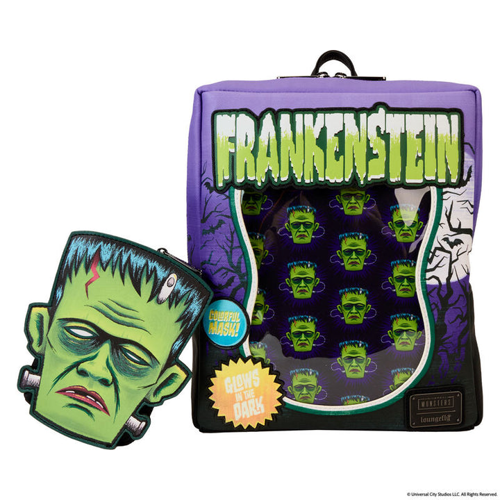 Universal Monsters Frankenstein Mask Glow Loungefly Mini Backpack With Coin Bag