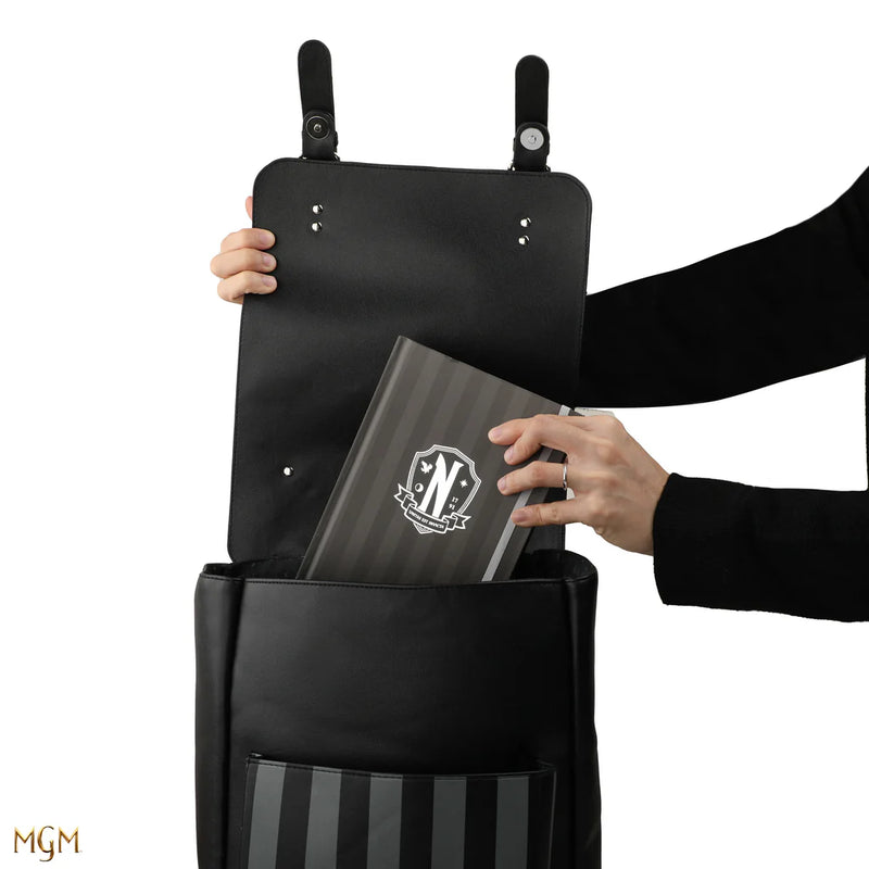 Wednesday Addams Black Nevermore Academy Backpack, in display