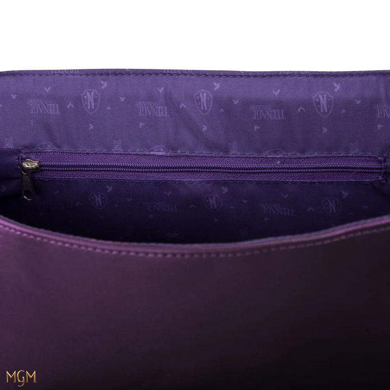 Wednesday Nevermore Academy Purple Backpack, close-up detail