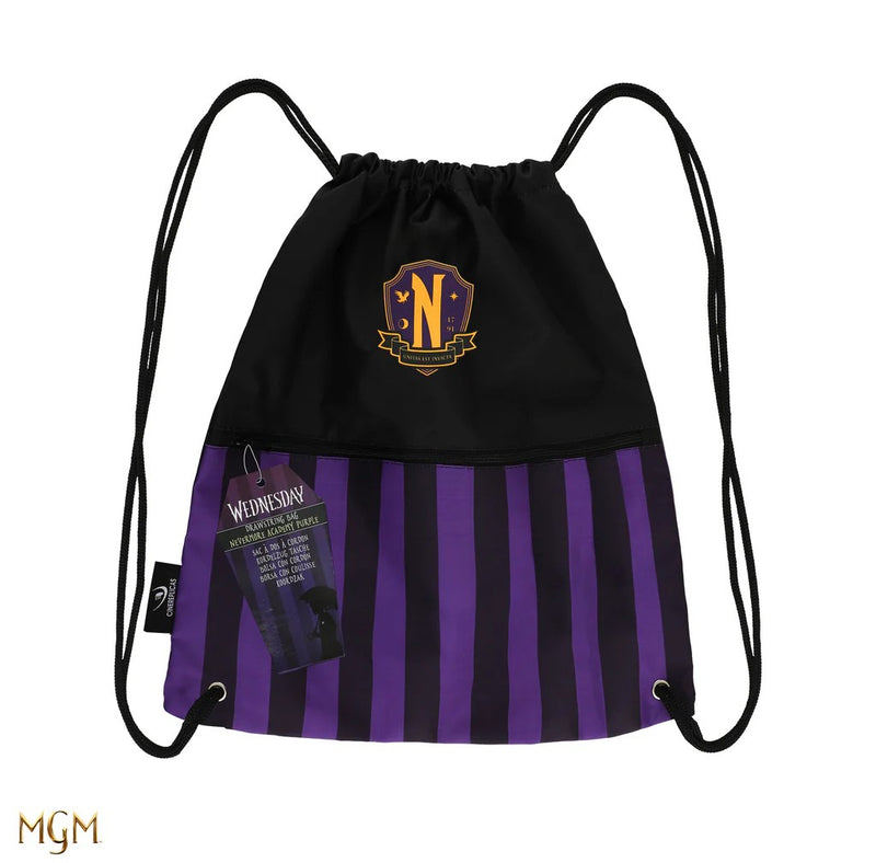 Wednesday Nevermore Academy Drawstring Bag, side angle