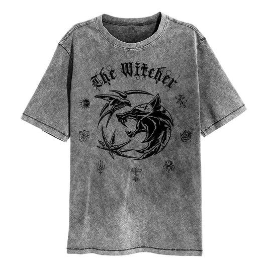 Netflix Witcher TV Symbols SuperHeroes Inc. Acid Wash T-Shirt collectible from Heroes Inc Dropship