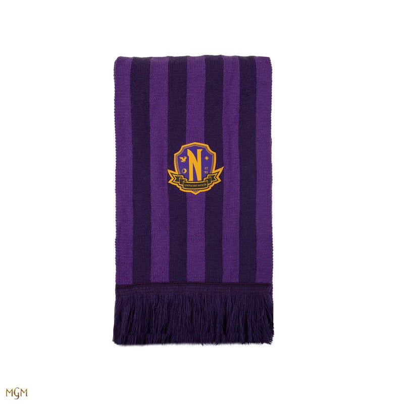 Wednesday Nevermore Academy Purple Scarf, in display