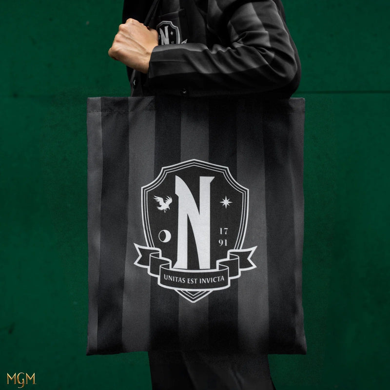 Wednesday Nevermore Academy Tote Bag, close-up detail