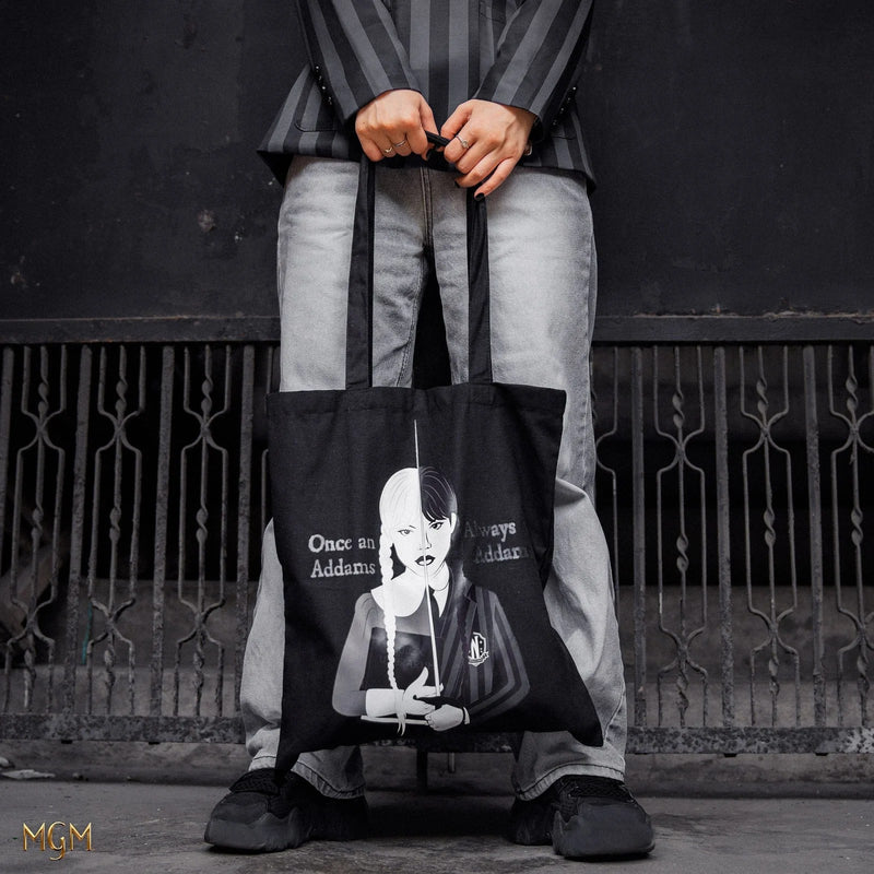 Wednesday Nevermore Academy Tote Bag, close-up detail