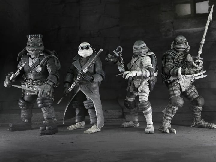 NECA TMNT Universal Monsters Black and White Turtles Action Figures 4 Pack, rear view